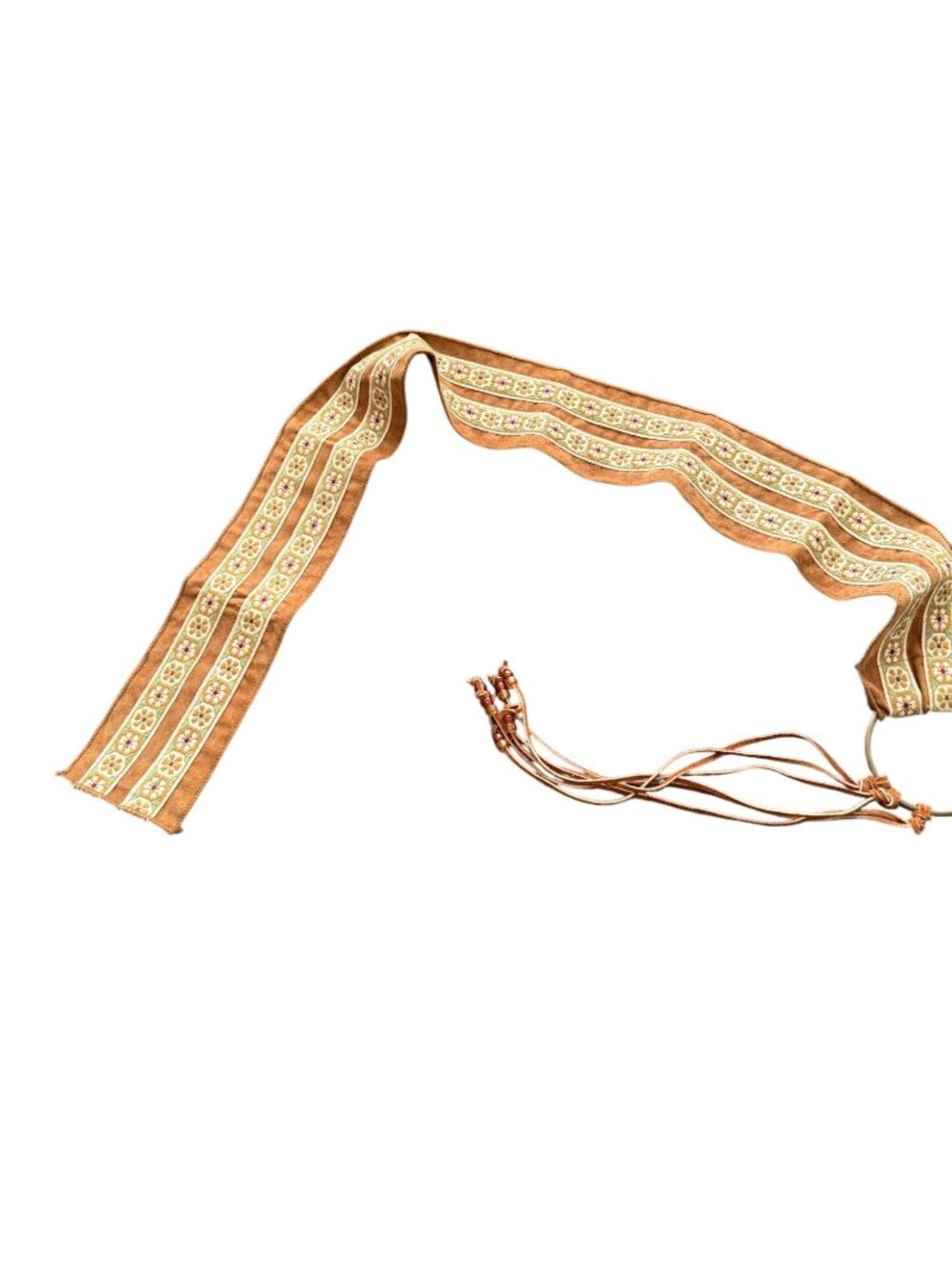 Boho Embroidered Fabric Belt With Tassels & Metal Ring Closure